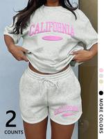 Two-Piece Set Women's Letter Print Short Sleeve Crop Tee & Shorts Set, Casual Fashion Cozy Breathable Two-piece for Daily Wea...