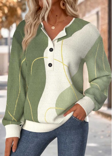 Modlily Sage Green Tummy Coverage Geometric Print Long Sleeve Sweatshirt - XL