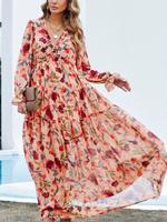 Women's All Over Print Frill Trim Long Dress, Boho Long Sleeve V Neck A Line Dress for Spring & Fall, Women's Clothing for Da...