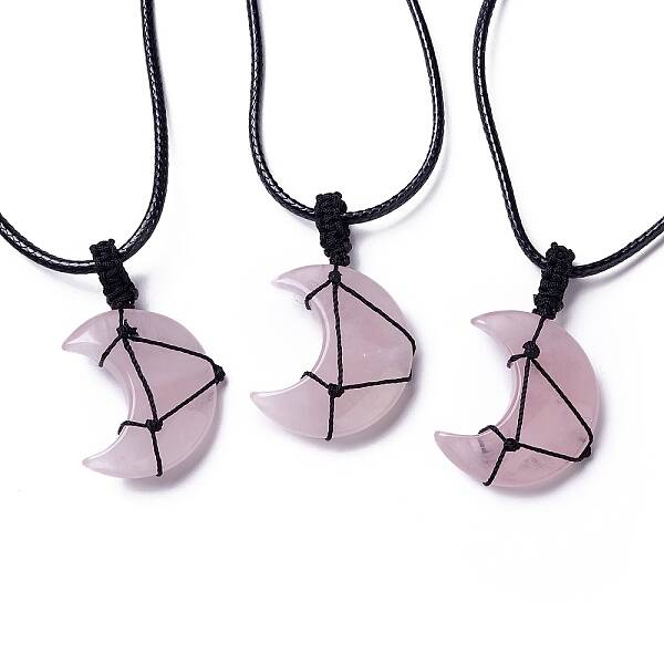 Adjustable Natural Rose Quartz Moon Pendant Necklace