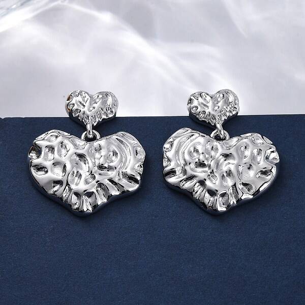Hammered Heart Brass Dangle Stud Earrings