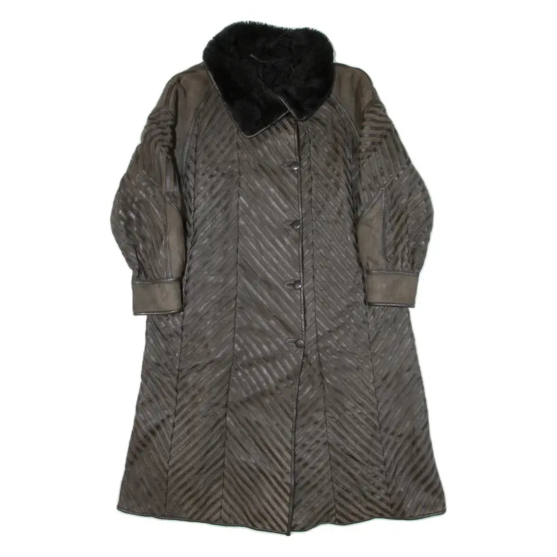 NORMA Shearling Womens Overcoat Coat Brown Leather Striped XL