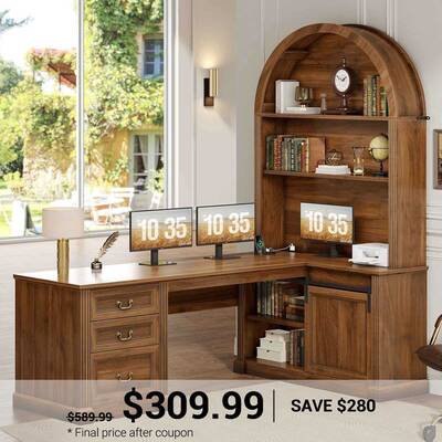 SEDETA 67 Inch Mid-Century Office Computer Desk L Shaped Desk with Tall Arched Bookshelf 3 Drawers Storage Shelves Sliding Ba...