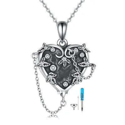 Sterling Silver Circular Shaped Cubic Zirconia Leaves & Heart Urn Necklace for Ashes with Engraved Word