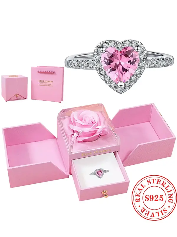 925 Sterling Silver Heart Shaped Artificial Zircon Ring with Rose Flower Gift Box, Women's Wedding Ring for Party, Daily Deco...