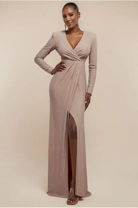 Goddiva Plunge Neck Wrap Front Split Lurex Maxi Dress - Nude