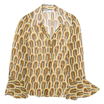 ZARA Womens Printed Blouse Brown Collared Long Sleeve Viscose Crazy Pattern S
