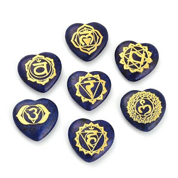 7Pcs 7 Styles Chakra Natural Dyed Sesame Jasper Love Heart Ornaments Figurines