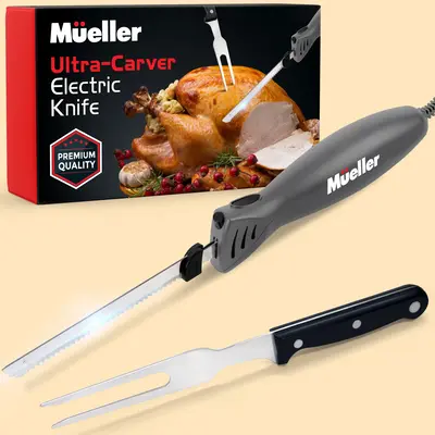 Mueller Electric Knife for Carving Meats, Bread Slicer- Stainless Steel Serrated Blades, Includes Fork, Kitchen Gadgets, Kitc...