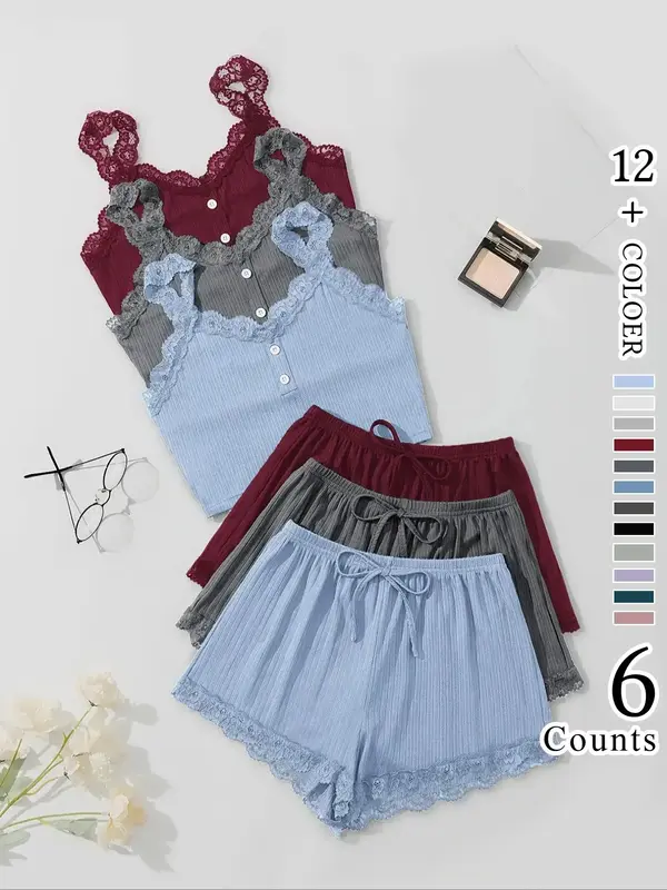Women's Contrast Lace Button Cami Top & Elastic Waist Tie Front Shorts Pyjama Set, Casual Comfortable Loungewear Set For Wom...