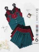 Women's Contrast Lace Button Cami Top & Elastic Waist Tie Front Shorts Pyjama Set, Elegance Casual Chic Comfortable Loungewea...