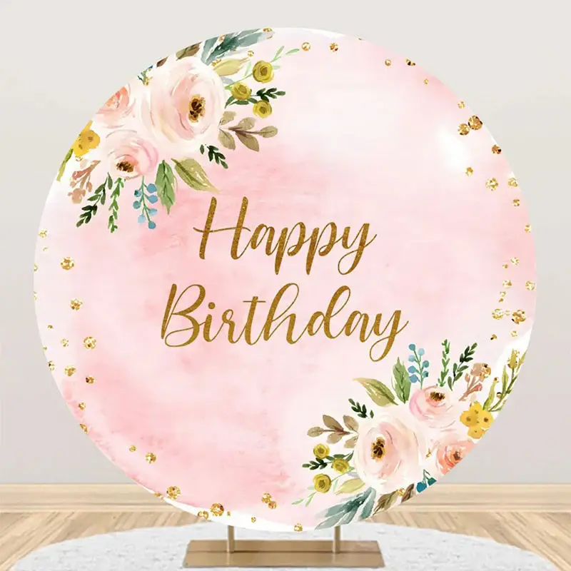 Pink Glitter Floral Leaves Round Birthday Backdrop - Aperturee