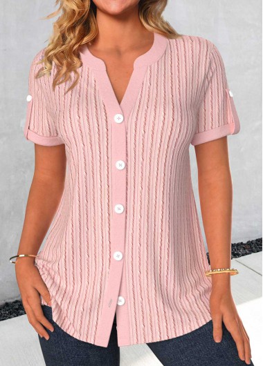 Modlily Light Pink Button Short Sleeve Split Neck Blouse - XL