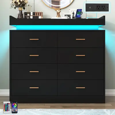Modern 8-Drawer Dresser with LED Lighting and Charging Station, Stylish Chest of Drawers for Bedroom, Living Room, Entryway, ...