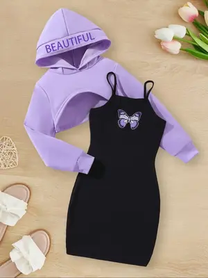 Girl's Letter Print Hoodie & Butterfly Print Cami Dress Two-piece Set, Casual Fashion Hooded Sweatshirt & Sleeveless Dress fo...