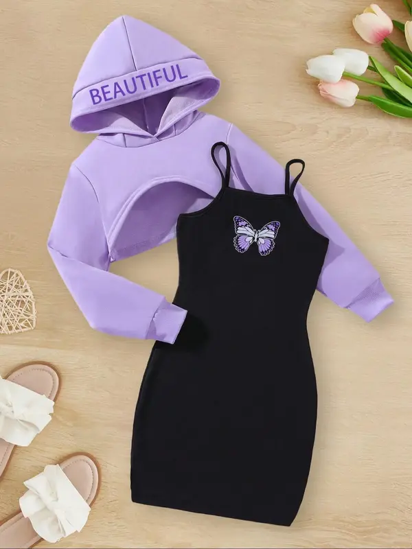 Girl's Letter Print Hoodie & Butterfly Print Cami Dress Two-piece Set, Casual Fashion Hooded Sweatshirt & Sleeveless Dress fo...