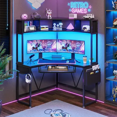 SEDETA CORNER DESK WITH KEYBOARD TRAY, STORAGE POCKET AND HEADPHONE HOOK Triangle Corner Computer Desk Office Desk Furniture ...