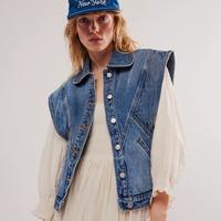 Elengatine Bohemian Style Vintage Cool Denim Vest For Lady, Minimalist Rounded Collar Wide Shoulders Denim Top with Slit Pock...