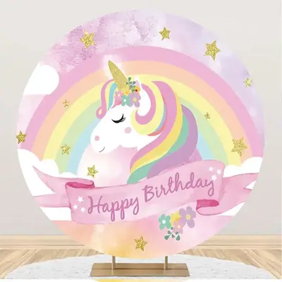 Rainbow Unicorn Gold Star Round Birthday Backdrop - Aperturee