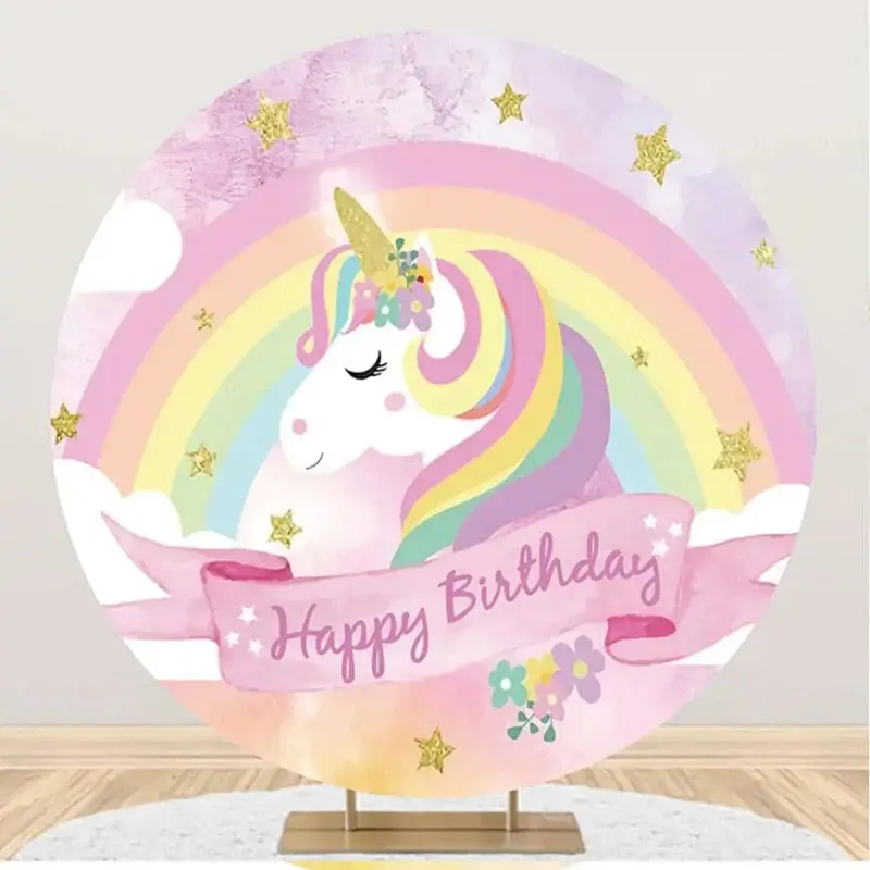 Rainbow Unicorn Gold Star Round Birthday Backdrop - Aperturee