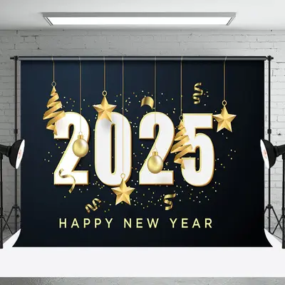 Gold Ribbons Bauble Star 2025 Happy New Year Backdrop - Aperturee