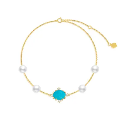 14K Gold Diamond & Pearl & Turquoise Crown Charm Bracelet