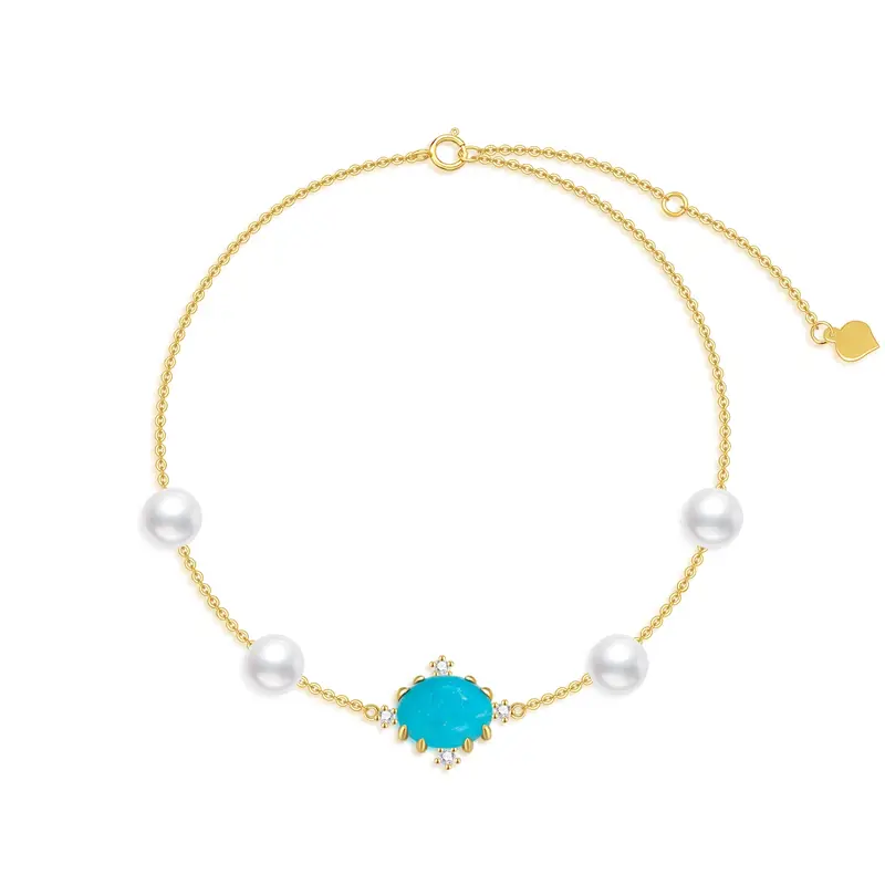 14K Gold Diamond & Pearl & Turquoise Crown Charm Bracelet