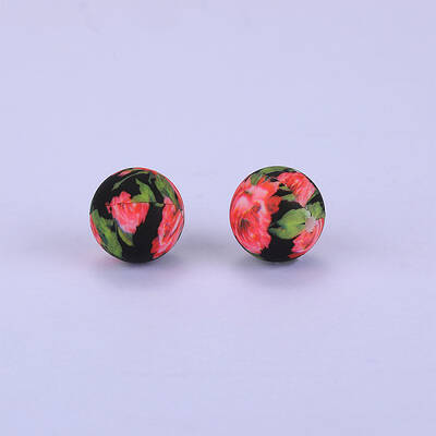 Printed Round with Flower Pattern Silicone Focal Beads
