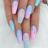 Glitter Sequin Decor Fake Nails Kit, 24pcs Long Square False Nails with Nail File & Nail Tape for Women & Girls DIY Nail Art,...