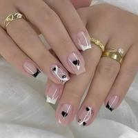 Heart Pattern Fake Nail, 24pcs French Style Short Square False Nails & 1 Count Tape & 1 Count Nail File & 1 Count Stick, Remo...