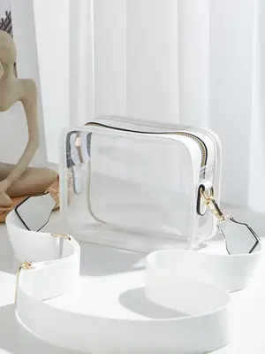 Women's Casual Transparent Crossbody Bag, Simple Plain PVC Zipper Shoulder Bag with Adjustable Wide Shoulder Strap, Trendy Sm...