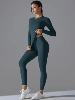 Women's Solid Long Sleeve Top & Leggings Tracksuit Set, Sporty Breathable Quick Drying Outfits for Yoga Gym Workout Running, ...