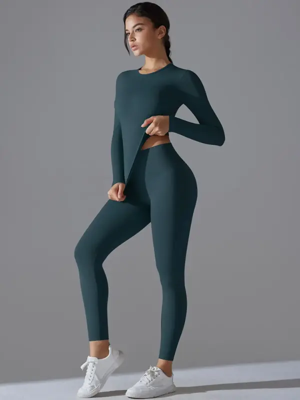 Women's Solid Long Sleeve Top & Leggings Tracksuit Set, Sporty Breathable Quick Drying Outfits for Yoga Gym Workout Running, ...
