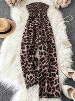 Women's Leopard Print Shirred Wide Leg Jumpsuit, Casual Sleeveless Tube Jumpsuit for Vacation Holiday, Ladies Clothes for All...