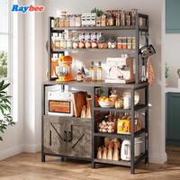 Raybee Bakers Rack,Microwave Stand with Wooden Shelves & Cabinet Storage, Kitchen Coffee Bar, Side Hooks,Utility Shelf for Ki...