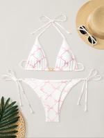 Two-Piece Set Women's All Over Bow Print Bikini Set, Casual Halter Neck Tie Back Triangle Swim Bra & Tie Side Swim Panty, Two...
