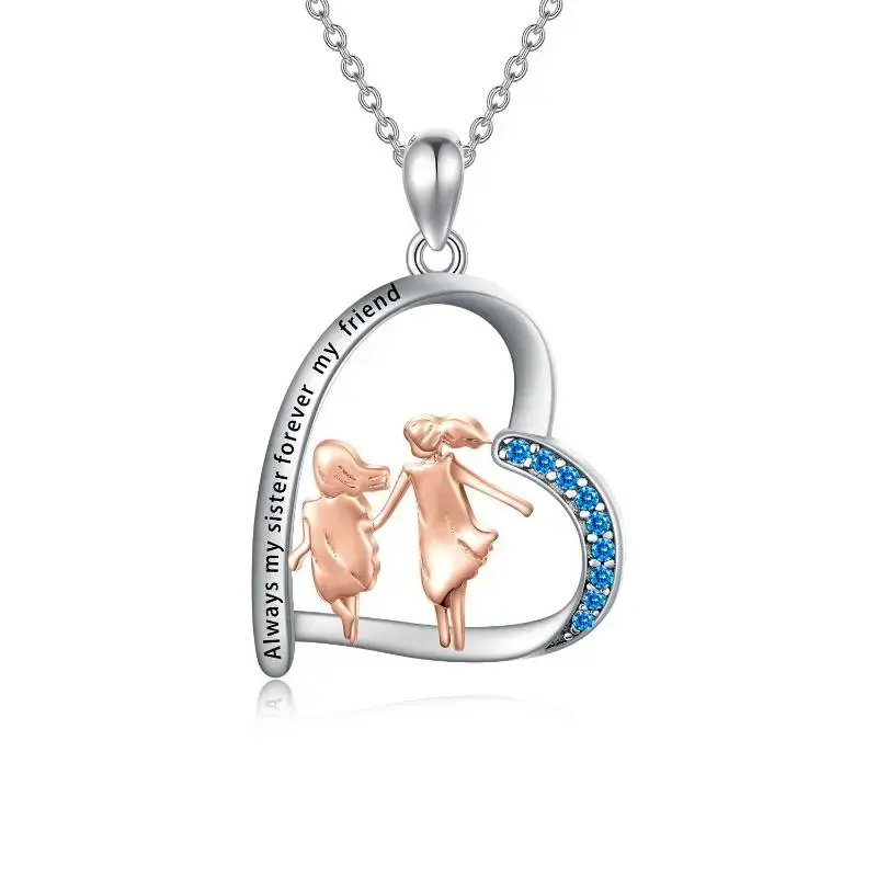 Sterling Silver Two-tone Circular Shaped Cubic Zirconia Sisters & Heart Pendant Necklace with Engraved Word