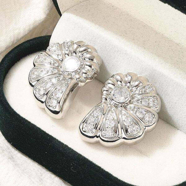 Rack Plating Shell Shape Brass Micro Pave Clear Cubic Zirconia Stud Earrings