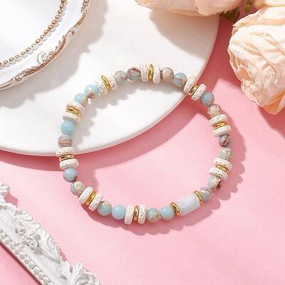 Natural Lava Rock & Synthetic Aqua Terra Jasper & Natural Aquamarine Beads Strethch Bracelets
