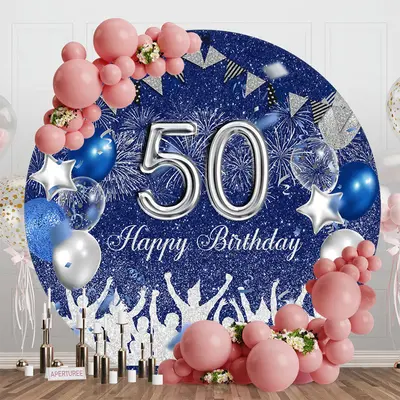Blue Sliver Balloon Round 50Th Birthday Backdrop - Aperturee