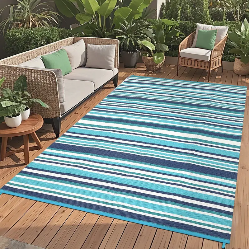 Garvee Waterproof Reversible Outdoor Rug 9x18ft – Modern Striped Plastic Straw Mat with Rubber Backing – UV Resistant, Du...