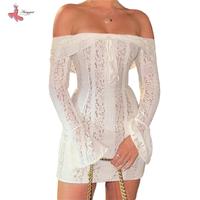 Women Off Shoulder Lace Dress Floral Pattern Bow Ruched Boat Neck Long SleeveFit Short Dresses
