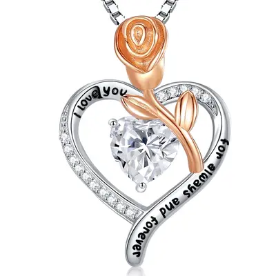 14K White Gold Moissanite Personalized Engraving Rose Heart Necklace for Women