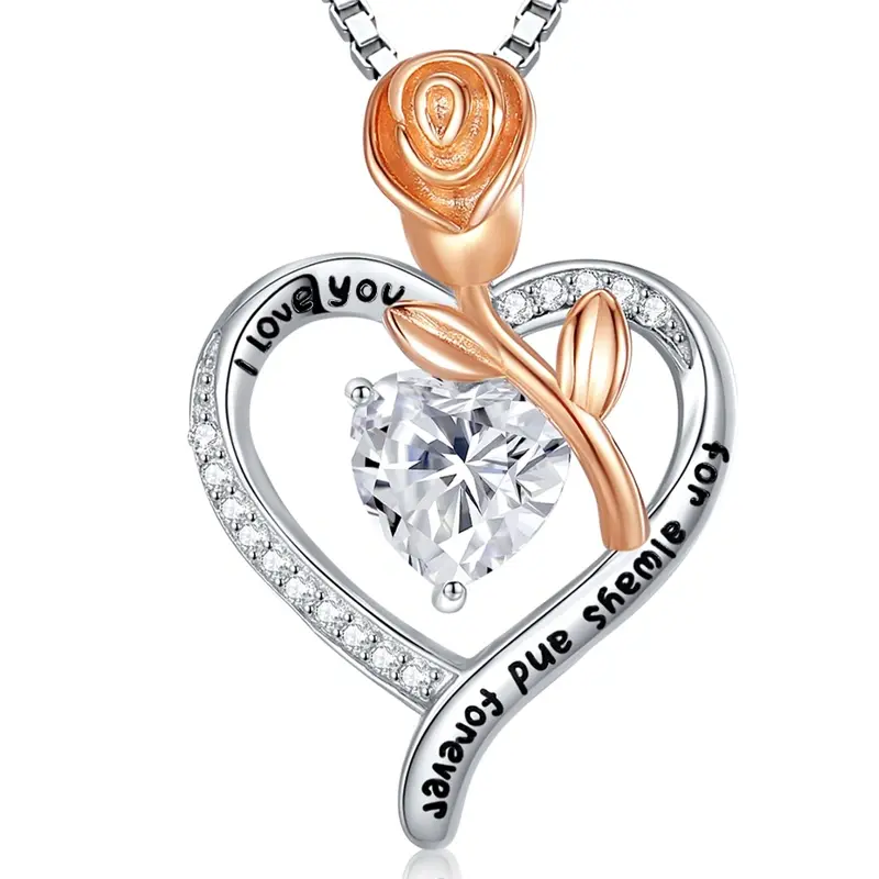 14K White Gold Moissanite Personalized Engraving Rose Heart Necklace for Women
