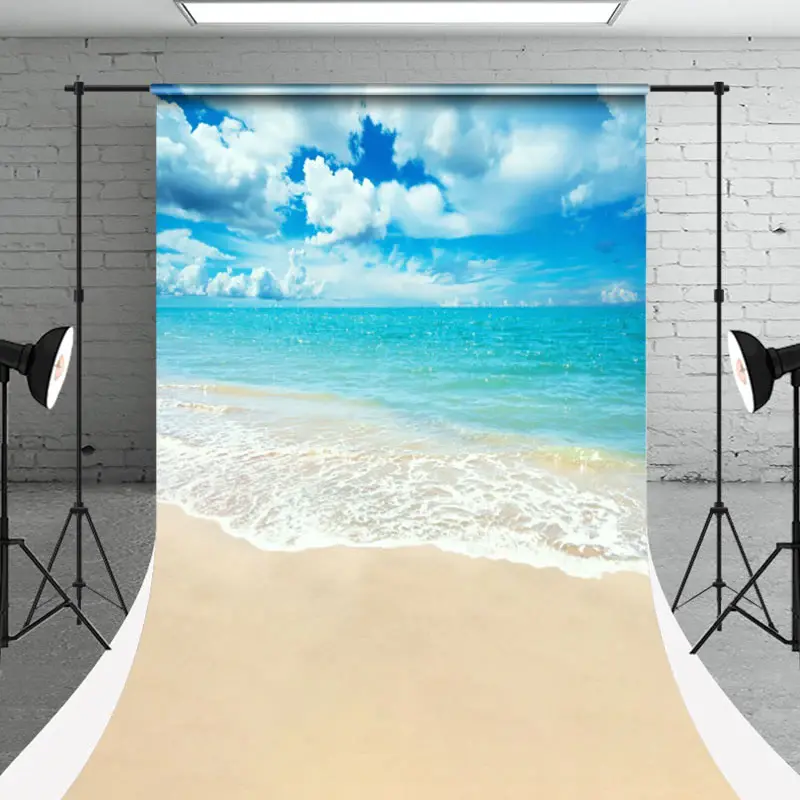 Blue Sky Sandy Beach Sweep Summer Coastal Backdrop - Aperturee