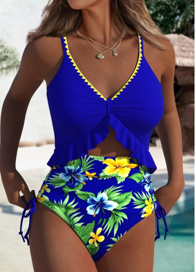 Modlily Floral Print Royal Blue One Piece Swimwear - M