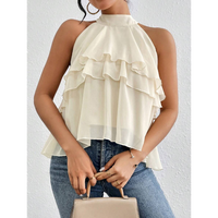 Loose Fit Neck Tie Ruffle Hem Asymmetrical Chiffon Blouse - Casual Sleeveless Top with Ruffle & Button Details for Daily Wear