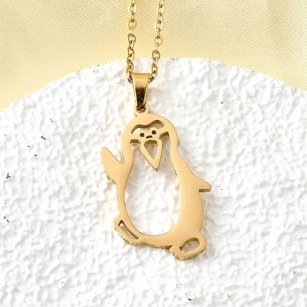 304 Stainless Steel Laser Cut Penguin Pendant Necklaces for Women Men