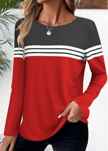 Modlily Red Striped Long Sleeve Round Neck T Shirt - XXL
