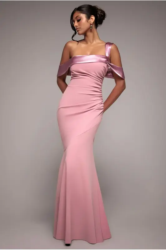 Goddiva One Shoulder Satin Band Maxi Dress - Rose Pink